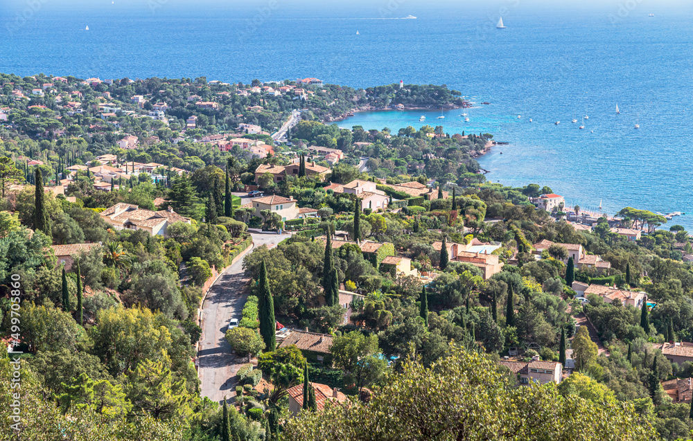 Aerial view of Agay bay and town in Esterel Mountains. Saint Raphael, Provence, Cote d'Azur, France.