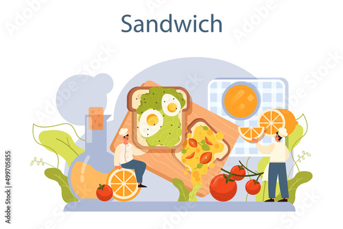 Sandwich. Variety of delicious sandwiches for breakfast. Toast with bacon,