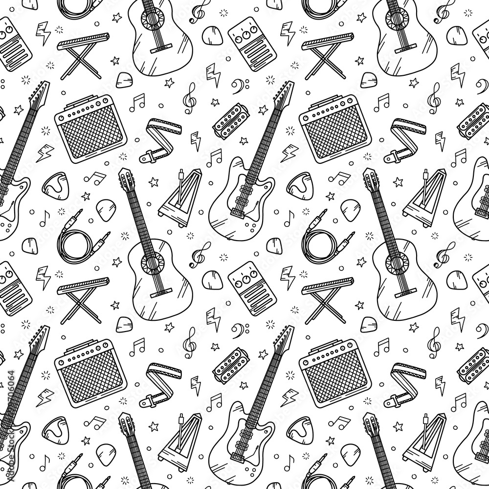 Guitar music seamless pattern in Doodle style. Hand drawn black linear vector classical and electro instruments