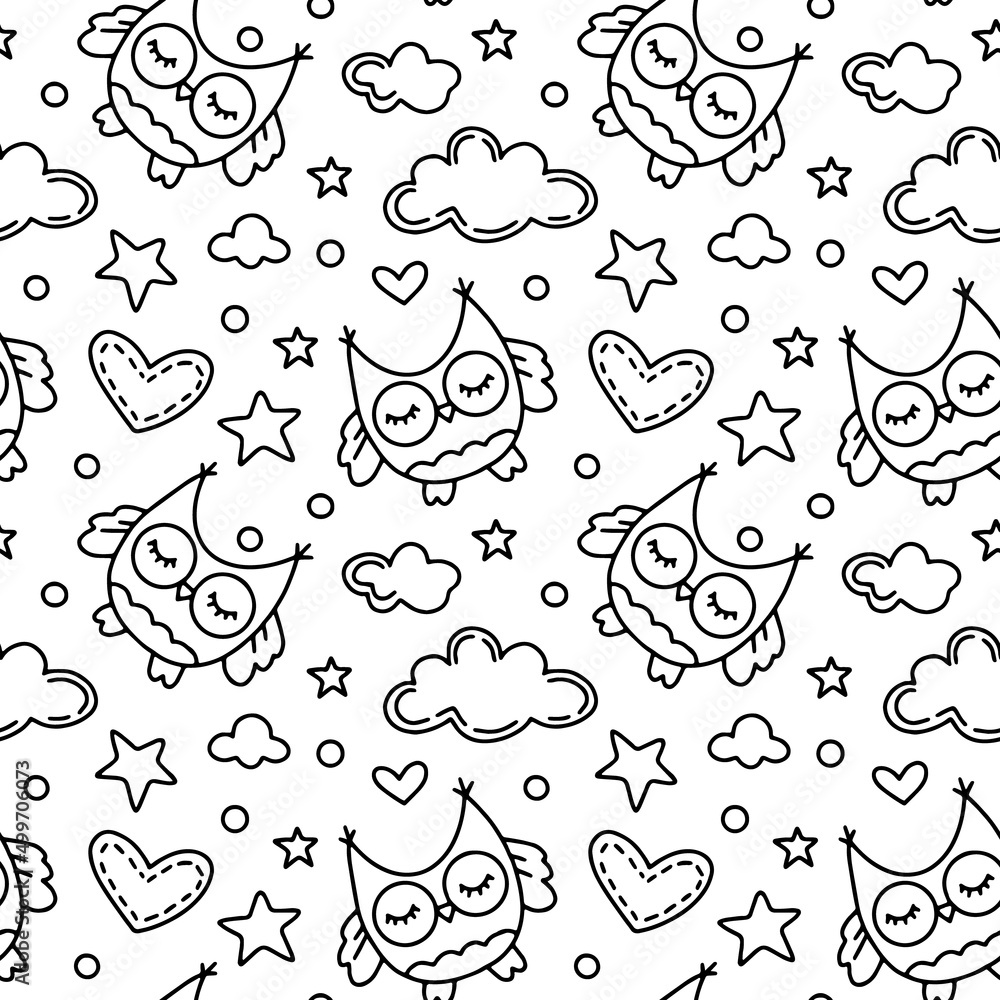 Childrens seamless pattern with owls. Cartoon doodle vector background with with birds and clouds Childrens seamless pattern with owls. Cartoon doodle vector background with with birds and clouds