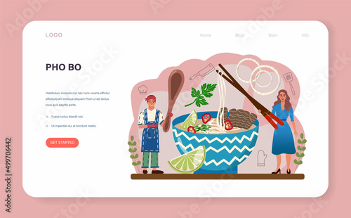 Pho bo web banner or landing page. Vietnamese soup in a bowl.