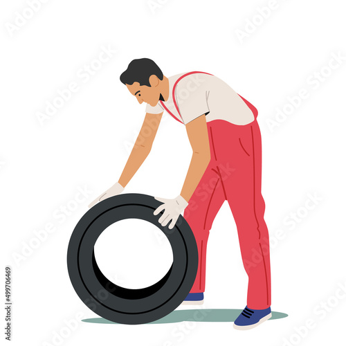 Man in Red Uniform Holding Tire for Mount or Change. Service Station Staff, Auto Mechanic Character, Diagnostics