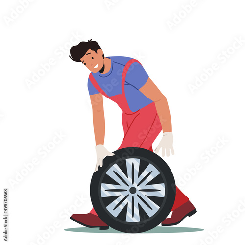 Vehicle Fix in Garage Workshop. Mechanic Dressed in Red Overalls Rolling Car Wheel Isolated on White Background