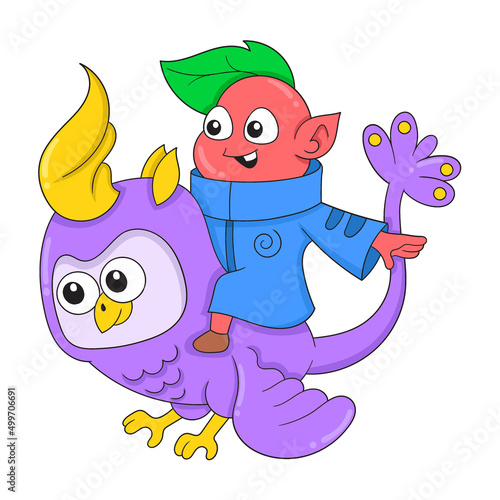 alien is riding a purple giant bird, doodle icon image kawaii
