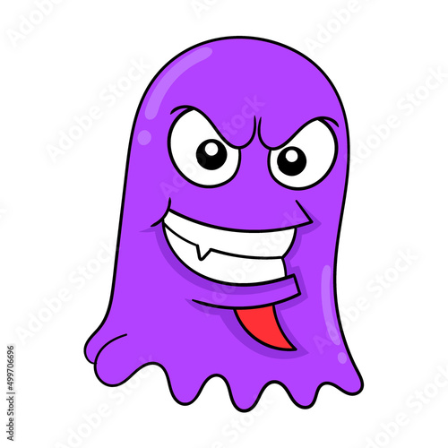 evil faced purple monster smiling sinisterly, doodle icon image kawaii