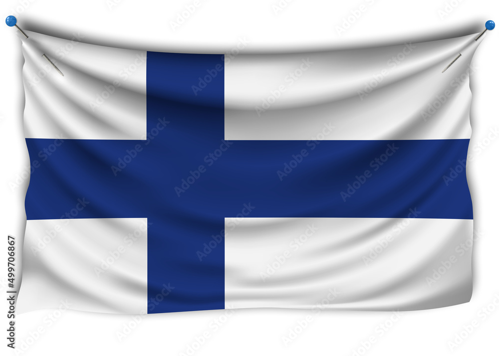The official flag of Finland. Patriotic symbol, banner, element, background. The right colors. Finland wavy flag with really detailed fabric texture, exact size, illustration, 3D, pinned The official flag of Finland. Patriotic symbol, banner, element, background. The right colors. Finland wavy flag with really detailed fabric texture, exact size, illustration, 3D, pinned