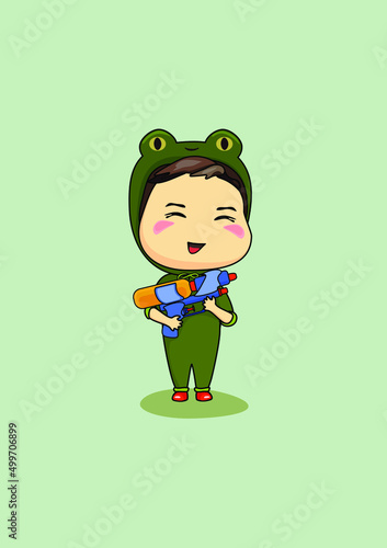A cartoon drawing of a boy in a frog costume with a water gun on a greyish background. 