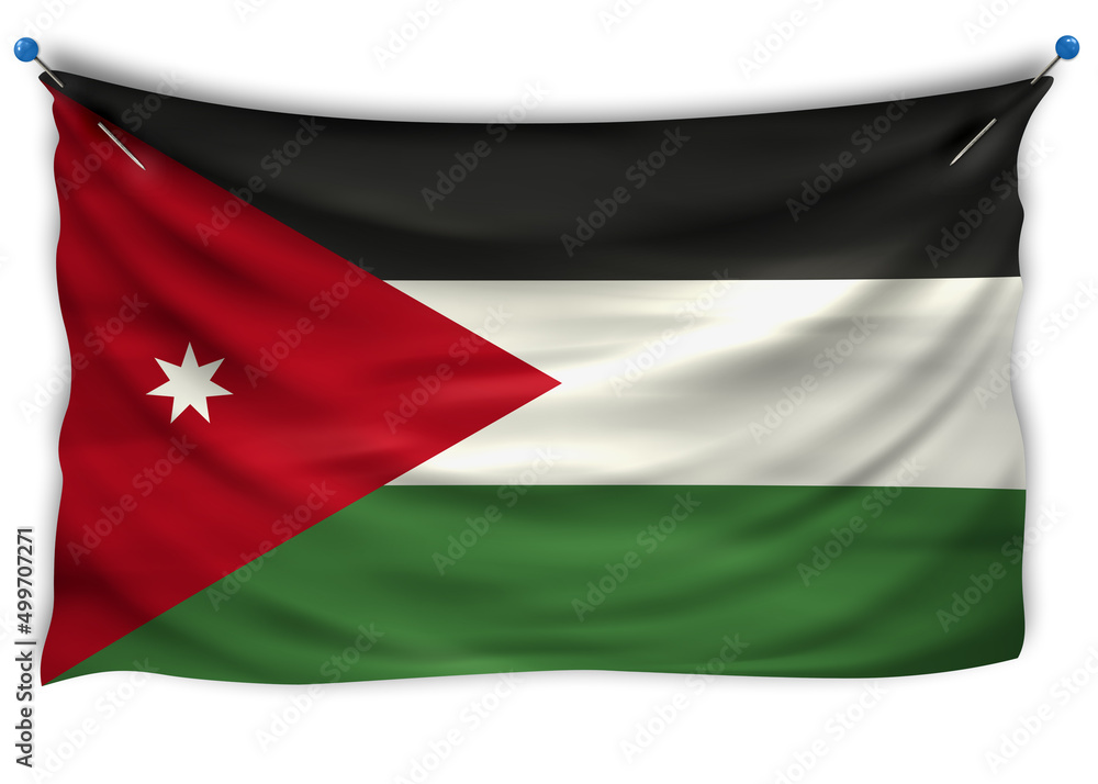 The official flag of Jordan. Patriotic symbol, banner, element, background. The right colors. Jordan wavy flag with really detailed fabric texture, exact size, illustration, 3D, pinned The official flag of Jordan. Patriotic symbol, banner, element, background. The right colors. Jordan wavy flag with really detailed fabric texture, exact size, illustration, 3D, pinned