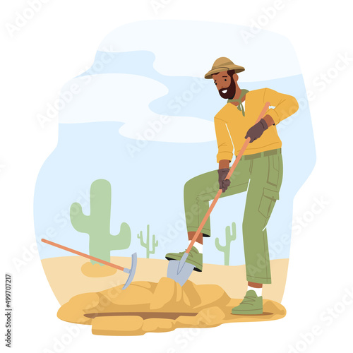 Archeologist Working on Excavations Digging Soil Layers with Shovel and Exploring Artifacts. Scientist Studying History