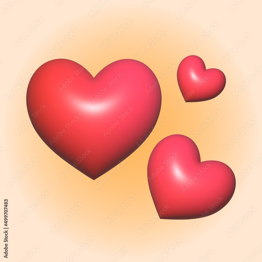 The 3d illustration of vollumetrcic red hearts on beige background The 3d illustration of vollumetrcic red hearts on beige background