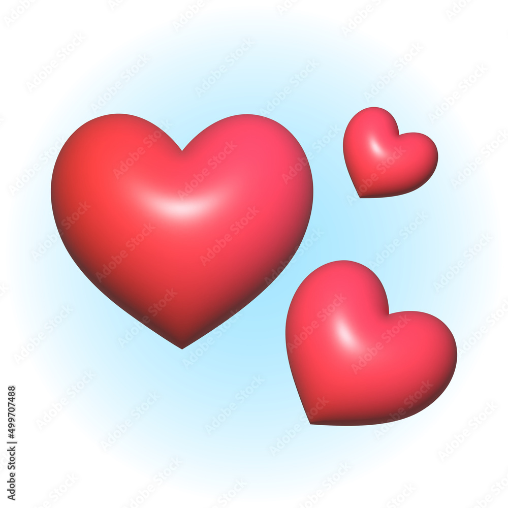 The 3d illustration of vollumetrcic red hearts on light background
