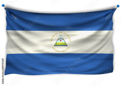 The official flag of Nicaragua. Patriotic symbol, banner, element, background. The right colors. Nicaragua wavy flag with really detailed fabric texture, exact size, illustration, 3D, pinned