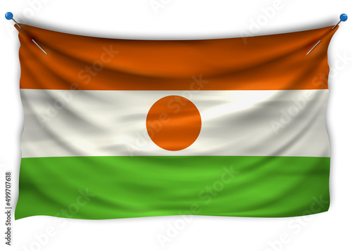The official flag of  Niger. Patriotic symbol, banner, element, background. The right colors.  Niger wavy flag with really detailed fabric texture, exact size, illustration, 3D, pinned