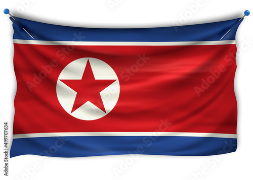The official flag of North Korea. Patriotic symbol, banner, element, background. The right colors. North Korea wavy flag with really detailed fabric texture, exact size, illustration, 3D, pinned