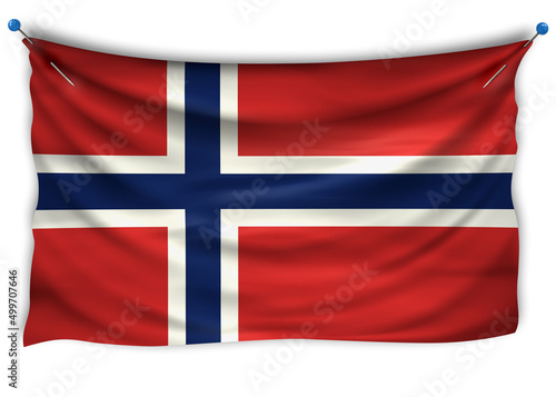 The official flag of Norway. Patriotic symbol, banner, element, background. The right colors. Norway wavy flag with really detailed fabric texture, exact size, illustration, 3D, pinned