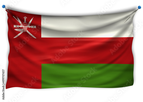 Official flag of Oman. Patriotic symbol, banner, element, background. The right colors. Oman wavy flag with really detailed fabric texture, exact size, illustration, 3D, pinned