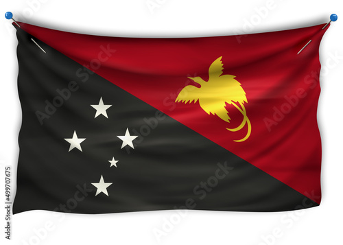 Official flag of Papua New Guinea. Patriotic symbol, banner, element, background. The right colors. Papua New Guinea wavy flag with really detailed fabric texture, exact size, illustration, 3D, pinned