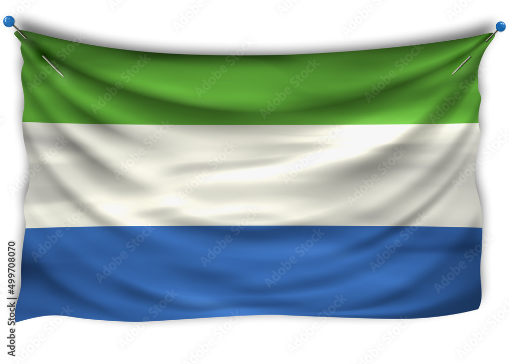 Official flag Sierra Leone. Patriotic symbol, banner, element, background. The right colors. Wavy flag with really detailed fabric texture, exact size, illustration, 3D, pinned, pin