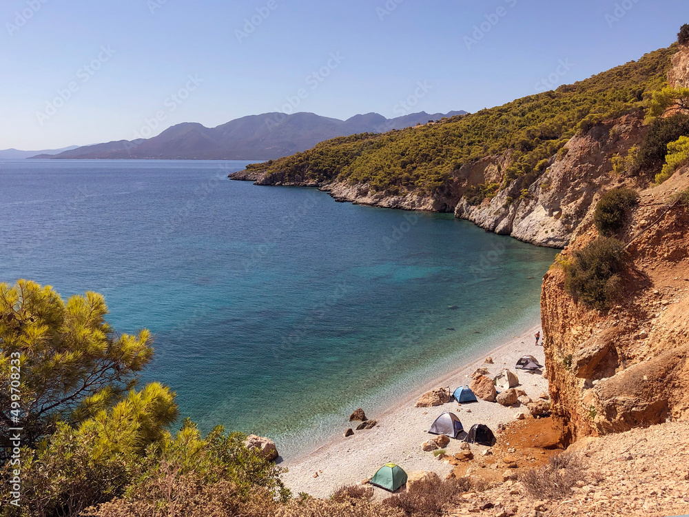 Summer Travel Vacation. View On Beautiful Beach On Greece Shore.