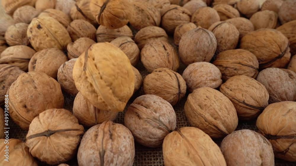 Walnuts on burlap. Shooting with a slider. Walnuts on burlap. Shooting with a slider.