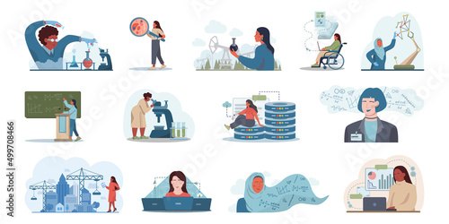 Diverse women in AI and STEM concept set. Female character works