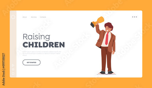 Raising Children Landing Page Template. Little Boy Character Wear Formal Suit Showing Golden Cup, Child Celebrating