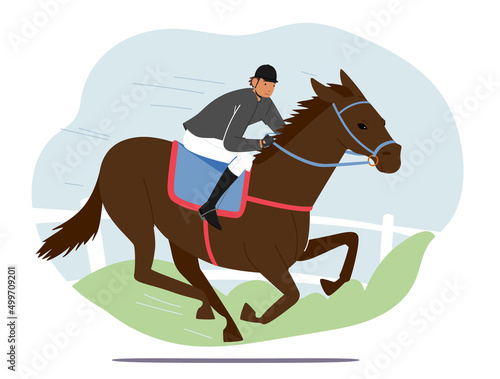 Equestrian Sport and Horse Training Concept. Trainer Jockey Character Riding Thoroughbred Stallion on Hippodrome