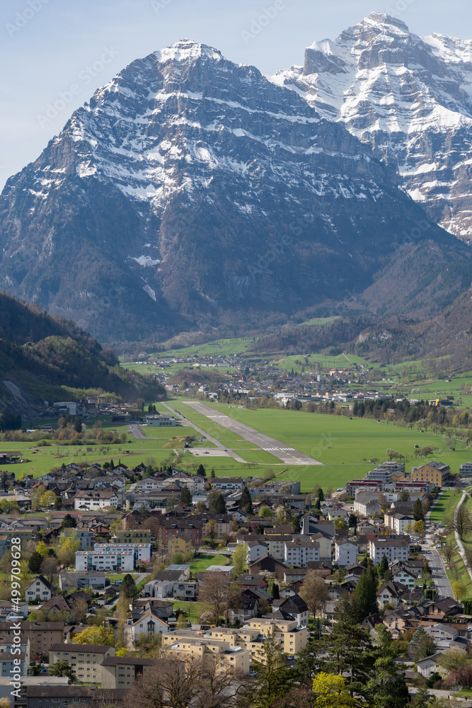 Mollis airport in a fantastic mountain scenery in Switzerland