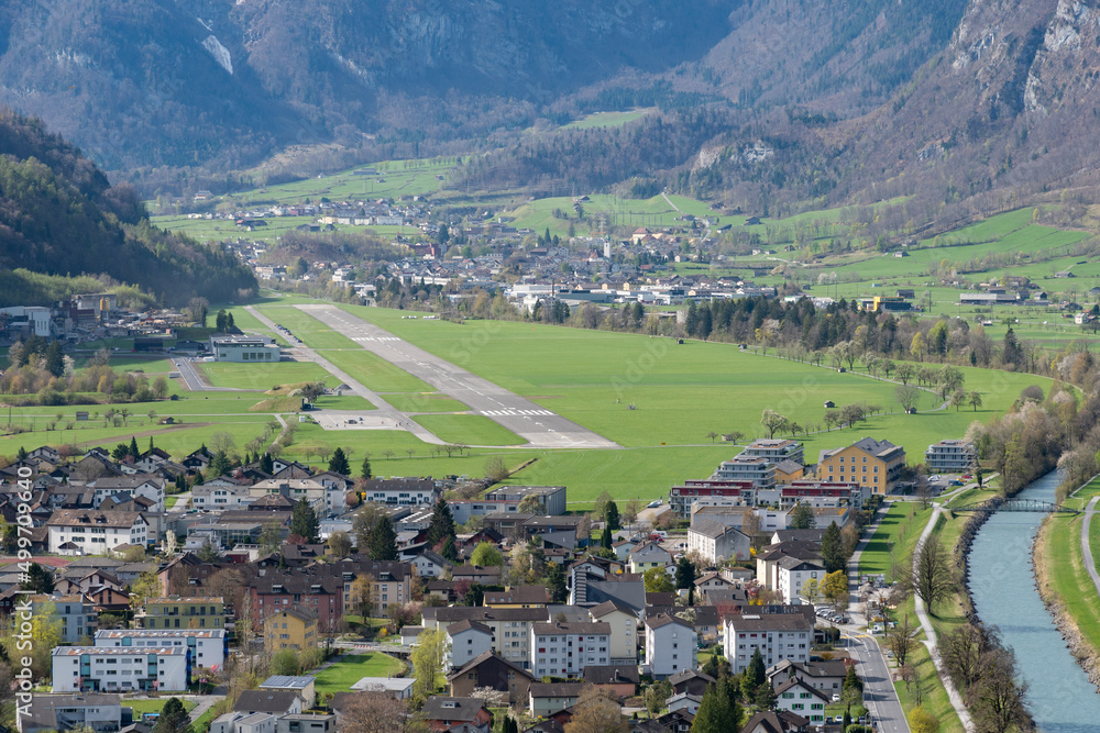 Mollis airport in a fantastic mountain scenery in Switzerland