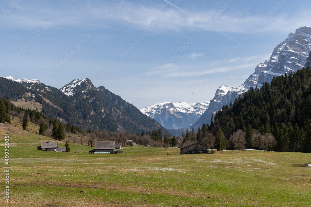 Alpine scenery in the Kloental valley in Glarus in Switzerland