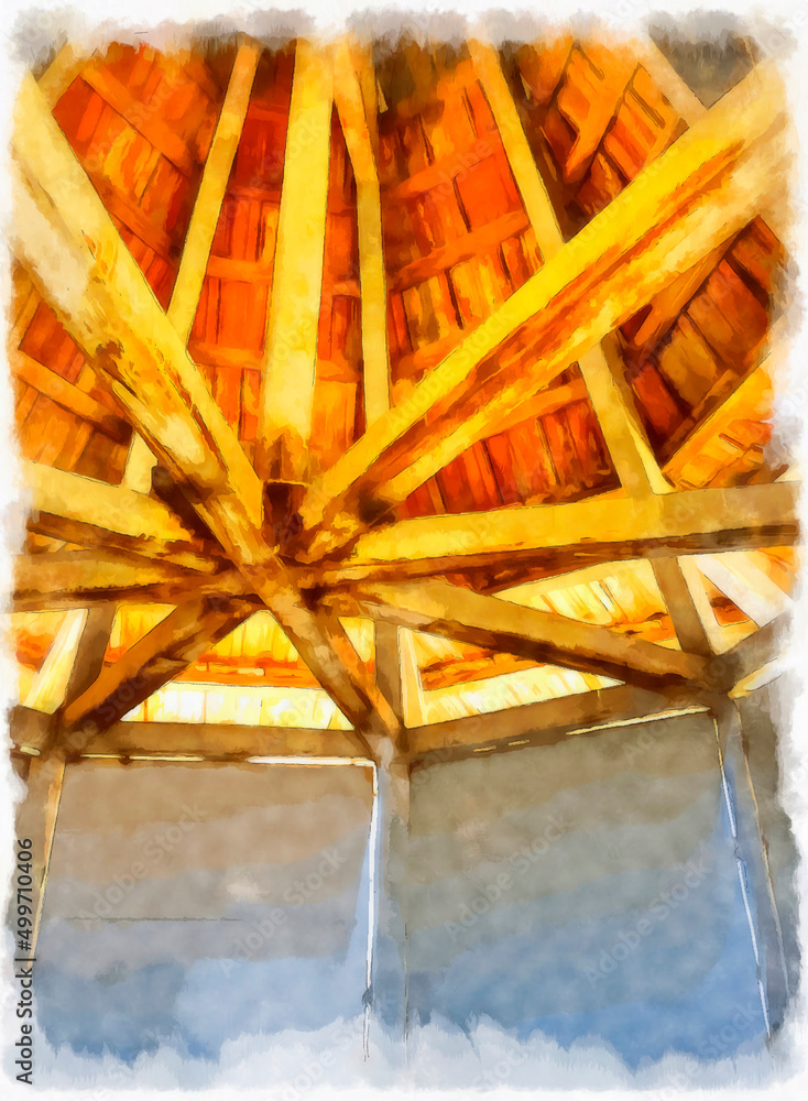 bright orange beams under the roof abstract watercolor