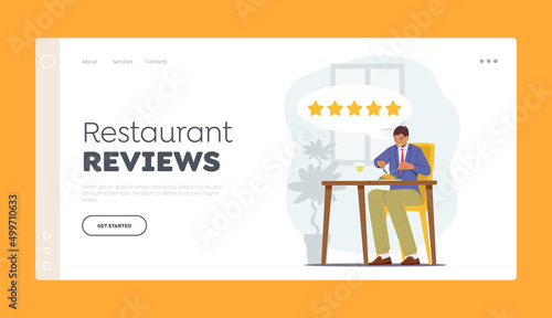 Restaurant Reviews Landing Page Template. Food Critic, Expert Visiting Cafe for Trying Food and Making Reviews