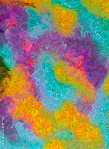multicolor background with yellow purple blue turquoise pink elements stylized masks brush oil acrylic © Julia