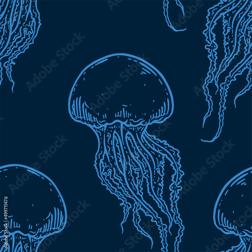 Hand drawn jellyfish seamless pattern background illustration