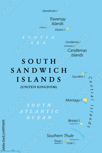 South Sandwich Islands, political map. Part of the British Overseas Territory of South Georgia and the South Sandwich Islands. Group of islands in the South Atlantic Ocean and Scotia Sea. Vector.