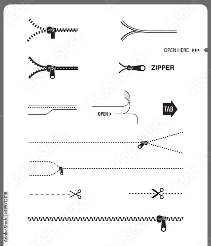 A set of icons for zippers and scissors. Set for packs, shows the place of opening. EPS10.	