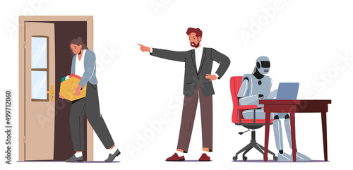 Fired Employee Character Leave Office With Box. Boss Dismiss Worker, Artificial Intelligence Robot Machine Replace Human