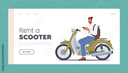 Rent a Scooter Landing Page Template. Male Character Rider Motorcyclist Riding Motorcycle. Man Driving Vintage Bike