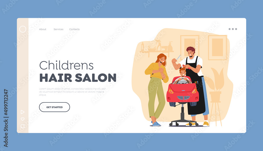 Children Hair Salon Landing Page Template. Hairdresser Make Hairstyle to Little Child Sitting in Car Chair, Boys Beauty