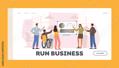 Business Presentation Landing Page Template. Team of Healthy and Disabled Characters Watch Financial Report of Coach