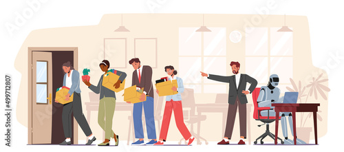 Boss Replacing Employees on Robot. Workers Characters Leaving Office with Stuff in Boxes due to Dismissal from Workplace