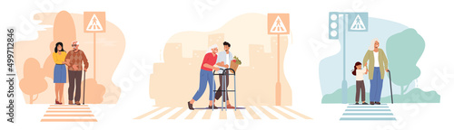 Set Old People Care, Characters Help to Cross Road for Elderly People. Man, Woman and Little Child Support Seniors