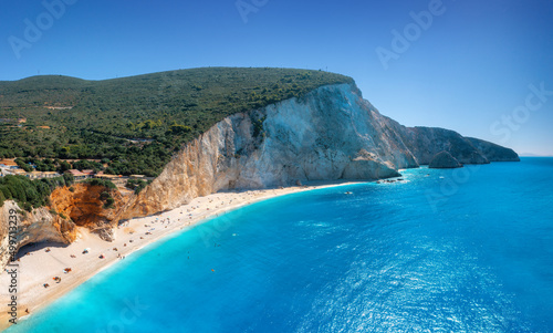 Aerial view of blue sea, mo...