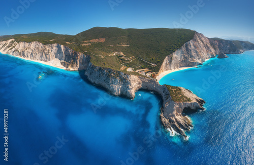 Aerial view of blue sea, mo...