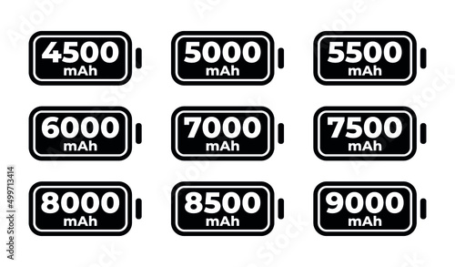 Set of battery capacity vector icon. Capacity mAh of battery. Outline vector illustration. 