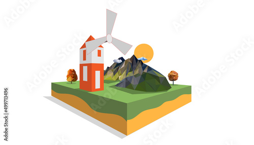 Island landscape greenland episode 2 , windmill house with mountain background above green land concept, polygon style art, can use for gaming template or icons.