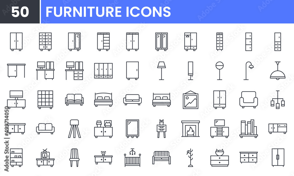 Home Furniture and Interior Design vector line icon set. Contains linear outline icons like Living Room, Bedroom, Sofa, Chair, Table, TV, Desk, Lamp, Fireplace. Editable use and stroke for web.