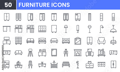 Home Furniture and Interior Design vector line icon set. Contains linear outline icons like Living Room, Bedroom, Sofa, Chair, Table, TV, Desk, Lamp, Fireplace. Editable use and stroke for web.