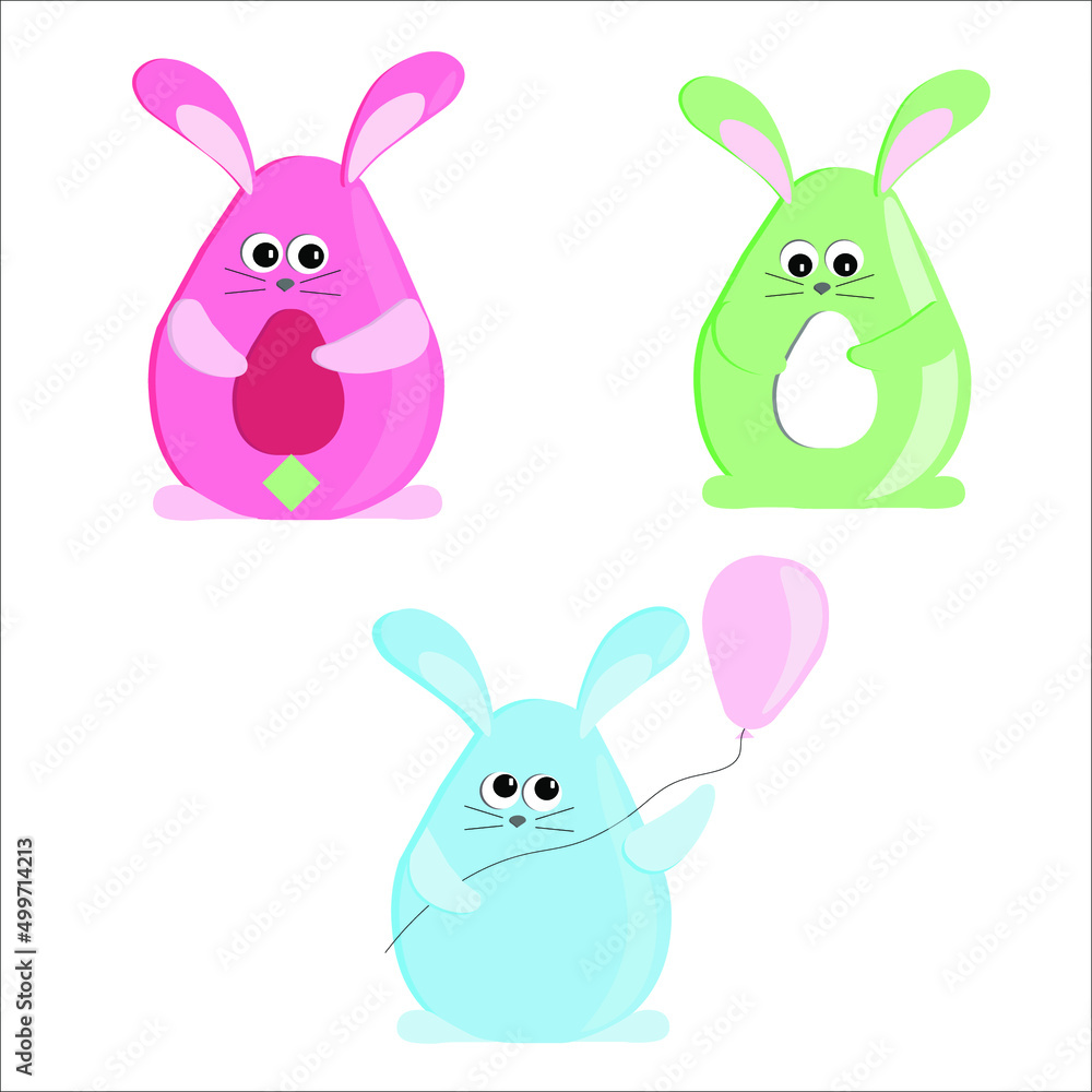 Three Easter bunnies. Avocado rabbit. Easter eggs. Vector illustration. Three Easter bunnies. Avocado rabbit. Easter eggs. Vector illustration.