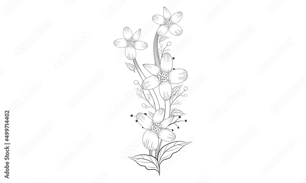 Coloring page | floral vintage sketch coloring page Set of different flower linen on white background.